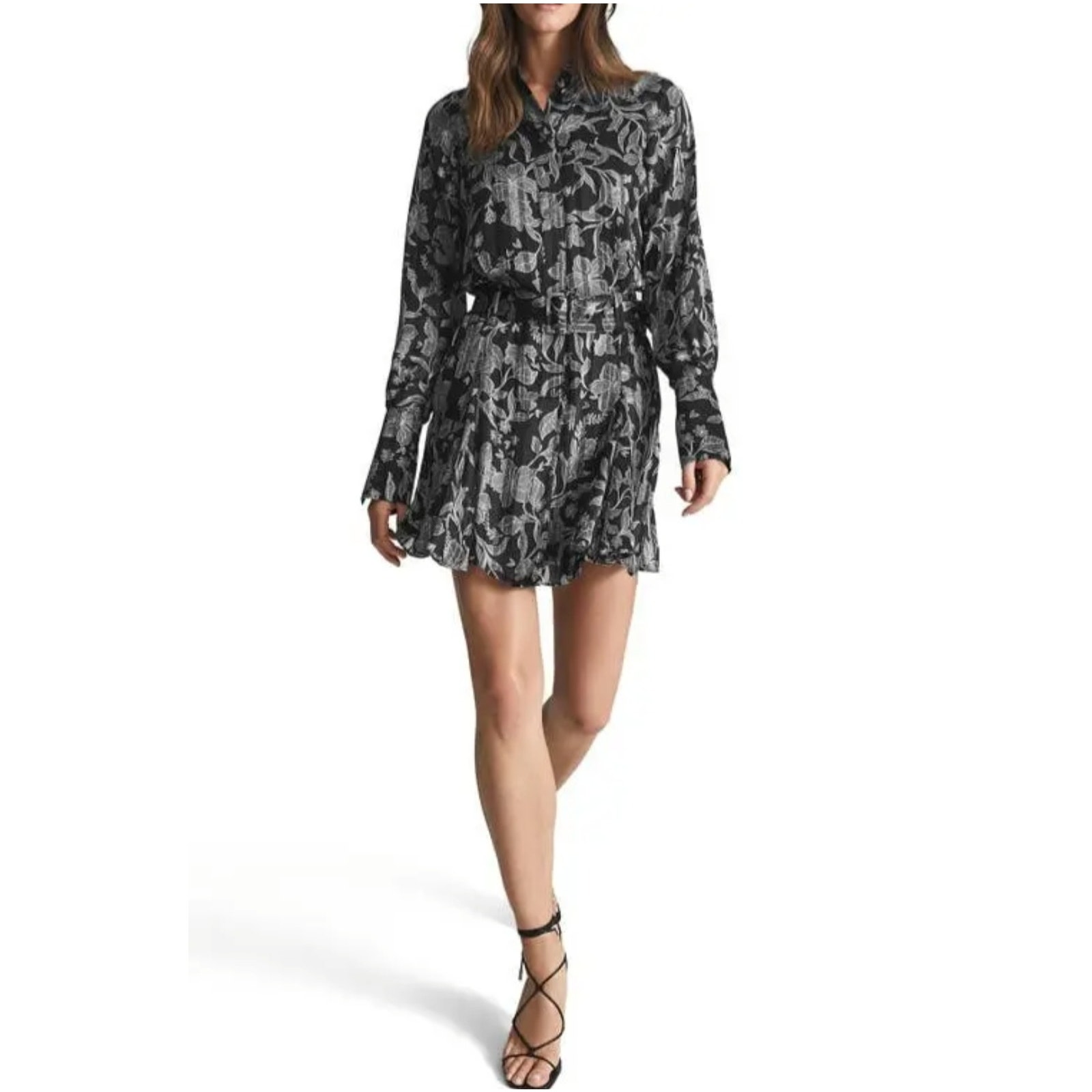 Reiss Women's Larissa Chiffon Long Sleeve Floral Sheer Mini Dress Black Green 2